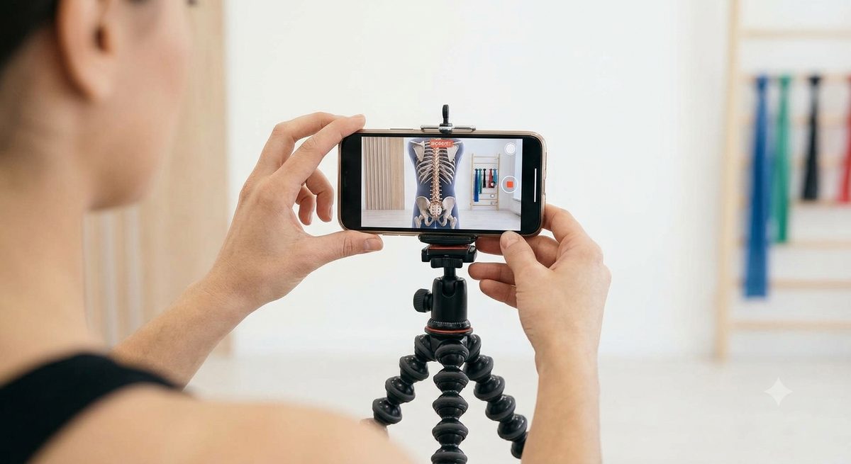 Phone on a tripod showing a spine overlay while filming a training session