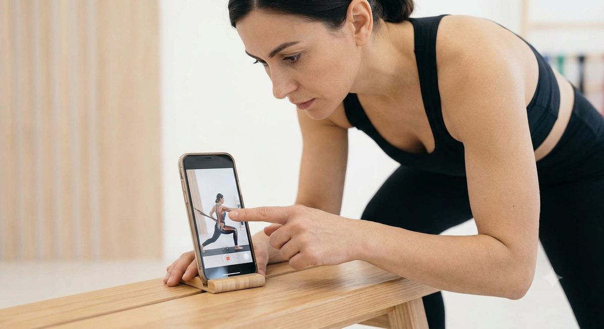 Athlete reviewing a recorded clip on a propped-up phone, pointing at the screen