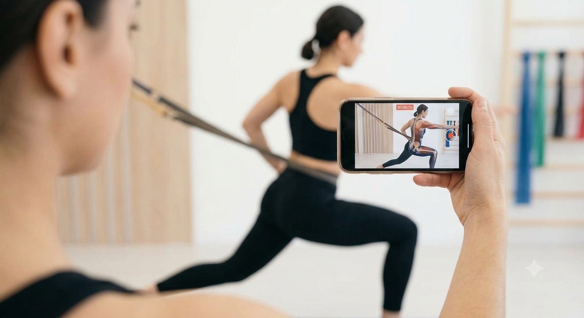 Filming a partner's lunge on a phone, muscles highlighted on screen
